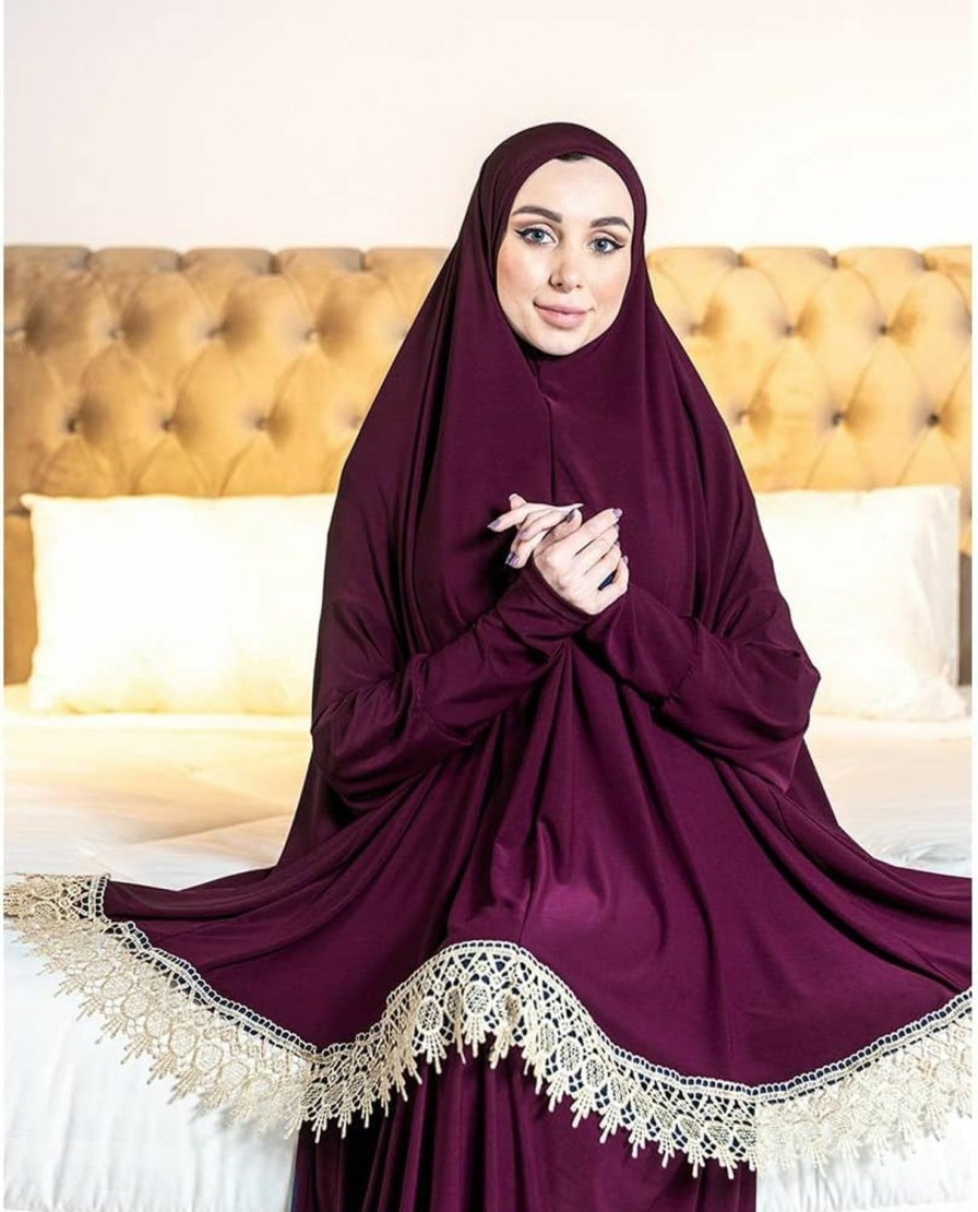 Hot Generic Women'S Prayer Dress 2 Pieces Lycra Solid Color Plus Long Sleeve | One-Size | Hijab Abaya Suit (Purple)