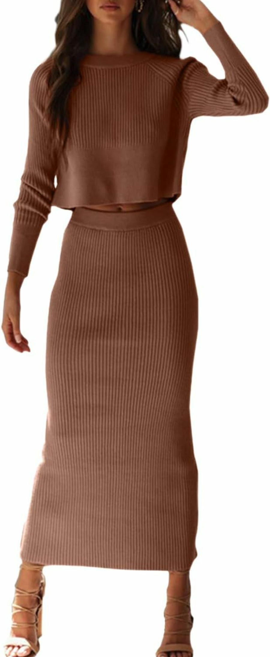 Hot YKR Women'S 2 Piece Sweater Dress Skirt Sets Rib Knit Maxi Bodycon Crop Top Winter Outfits For Women