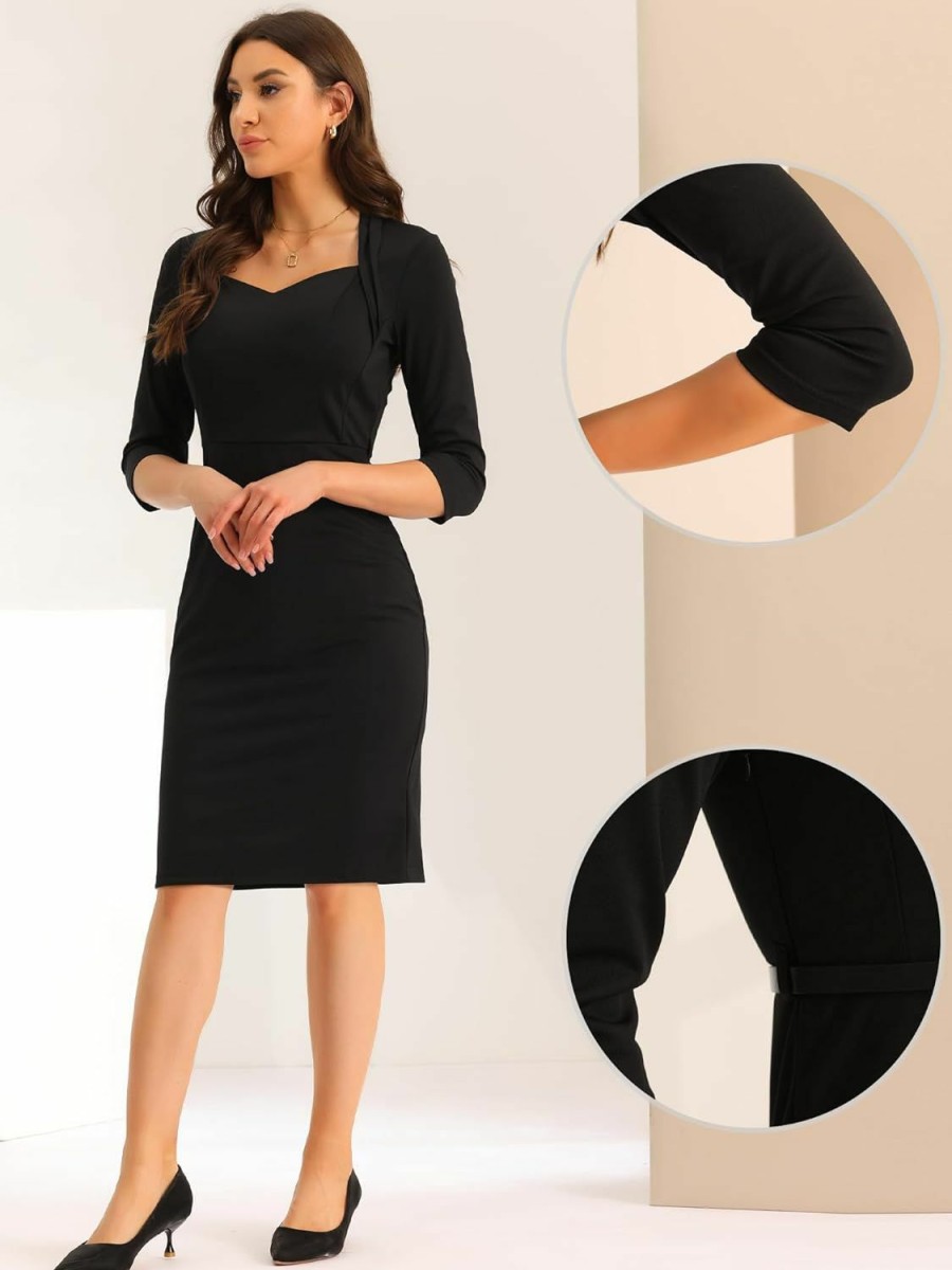 Wholesale Allegra K Allegra K Work Office Dress For Women'S 3/4 Sleeve Belted Sweetheart Neck Sheath Dress