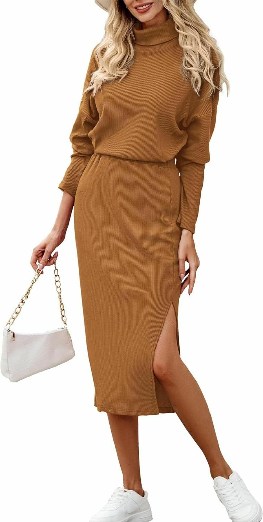 Best PRETTYGARDEN Prettygarden Women'S 2024 Winter 2 Piece Tracksuit Long Sleeve Turtleneck Ribbed Top And Midi Skirt Dress Sets