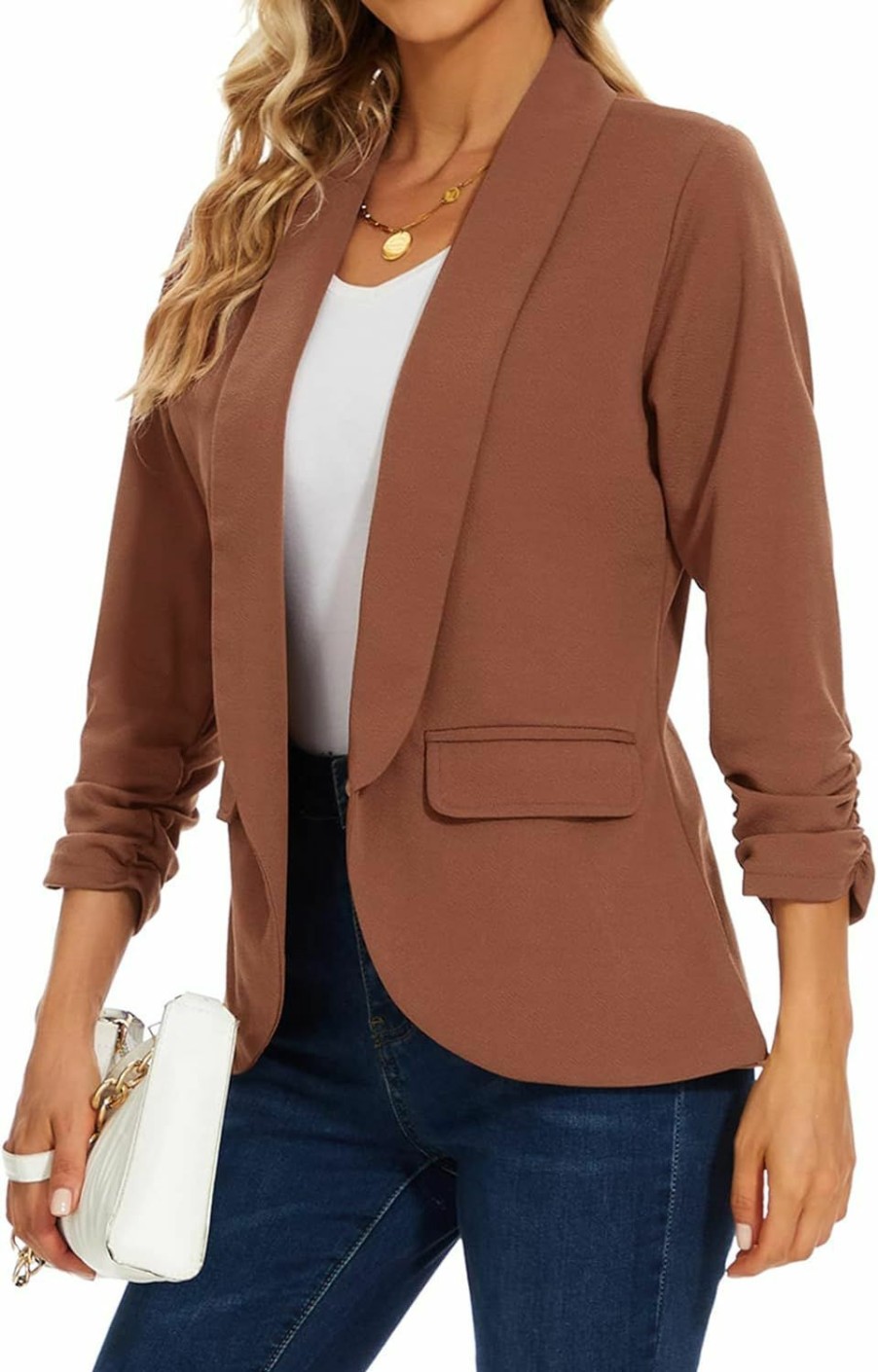 Hot MINTLIMIT Mintlimit Womens Blazer 3/4 Ruched Sleeve Shawl Collar Business Work Blazers Open Front Casual Jackets With Pockets