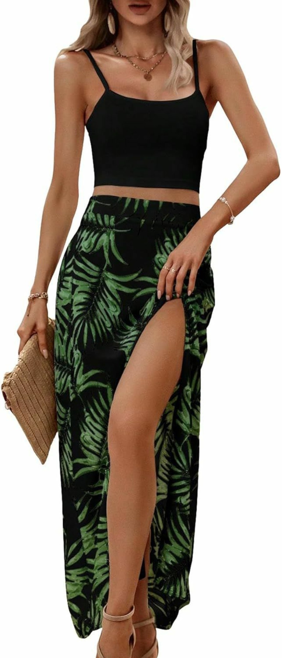 New MakeMeChic Makemechic Women'S Summer 2 Piece Outfits Tropical Crop Cami Top Split Thigh Maxi Long Skirt Set Vacation