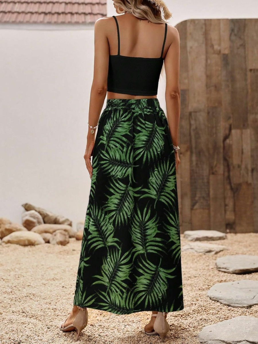 New MakeMeChic Makemechic Women'S Summer 2 Piece Outfits Tropical Crop Cami Top Split Thigh Maxi Long Skirt Set Vacation