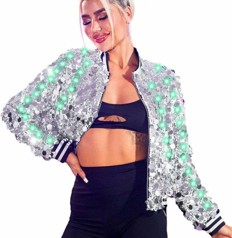 Best EVILD Evild Women'S Light Up Sequin Bomber Jacket Glitter Long Sleeve Jackets Collarless Bomber Blazers