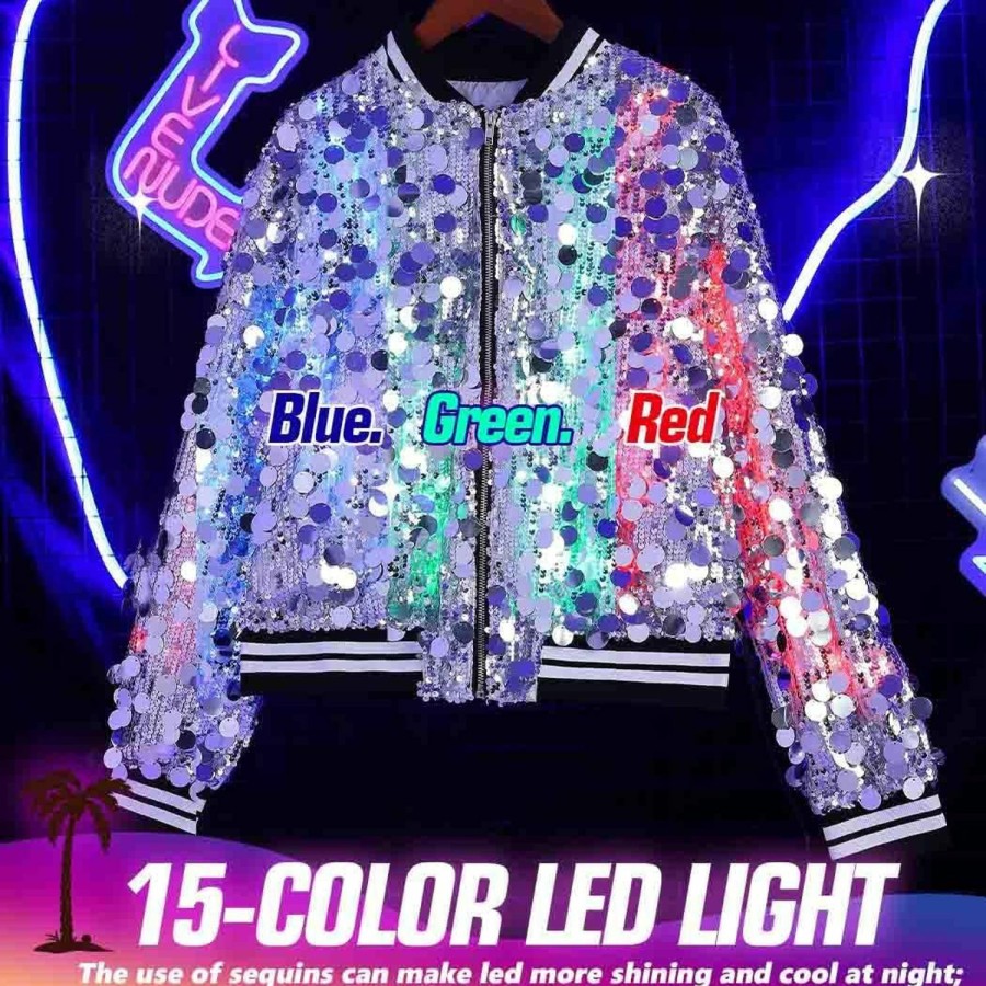 Best EVILD Evild Women'S Light Up Sequin Bomber Jacket Glitter Long Sleeve Jackets Collarless Bomber Blazers