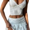 Wholesale Juakoso Juakoso Women 2 Piece Lace Patchwork Mini Skirt Sets Outfits Y2K Sleeveless Sheer Mesh Cami Crop Top Bodycon Short Skirt