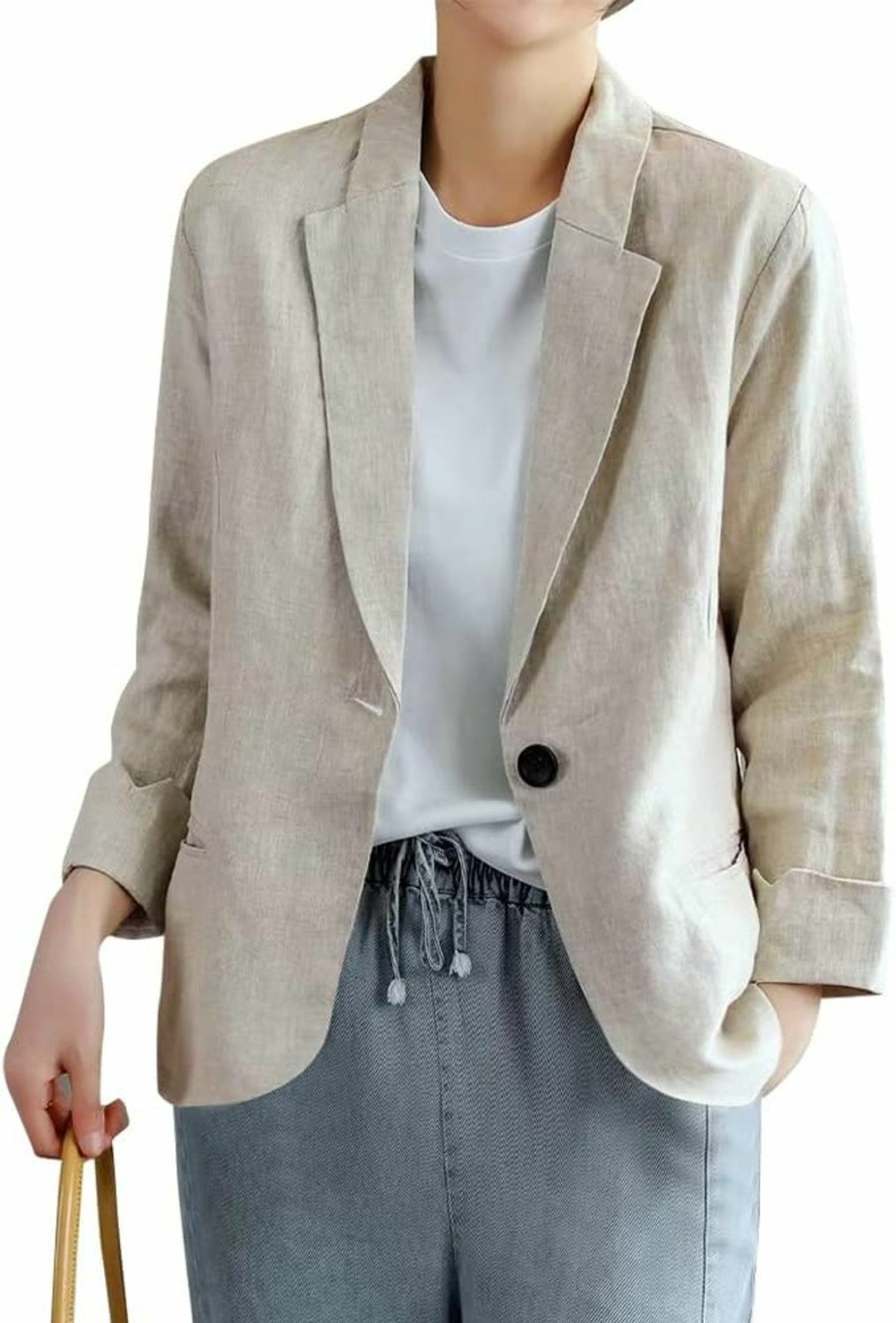 Hot IDEALSANXUN Cotton Linen Blazer For Womens 3/4 Sleeve One Button Open Front Linen Jackets