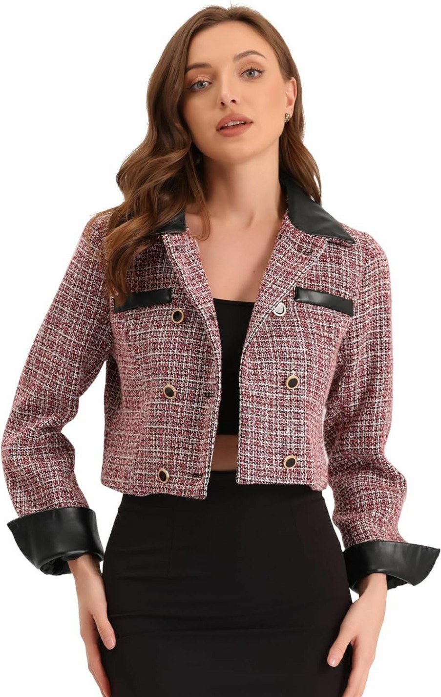 Best Allegra K Allegra K Tweed Plaid Blazer For Women'S Contrast Collar Double Breasted Vintage Cropped Jackets