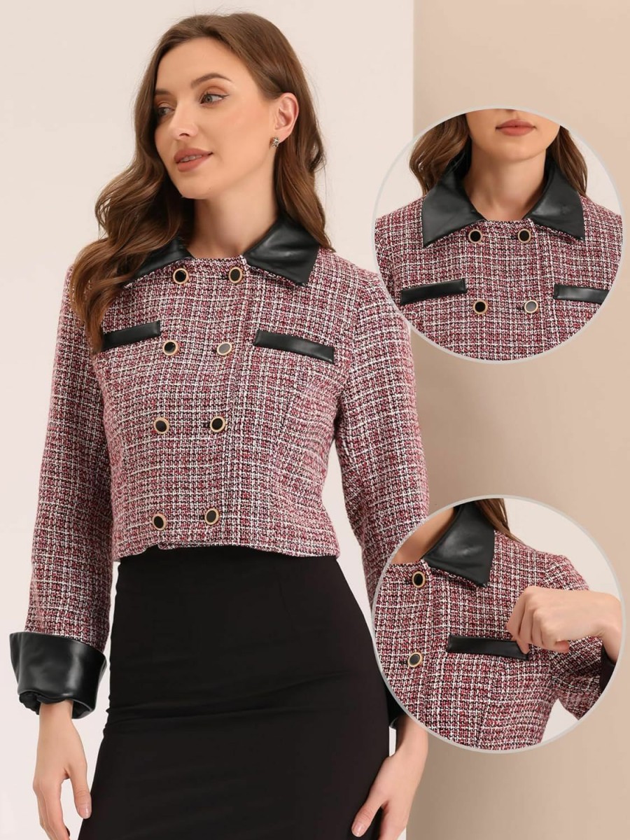 Best Allegra K Allegra K Tweed Plaid Blazer For Women'S Contrast Collar Double Breasted Vintage Cropped Jackets