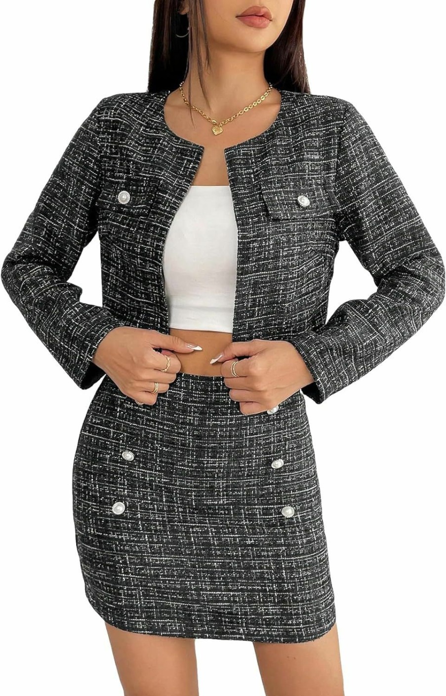 Online Floerns Floerns Women'S 2 Piece Outfit Plaid Print Open Front Jacket And Bodycon Skirt Set