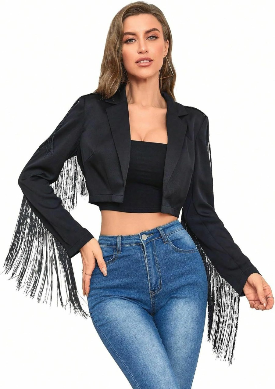 Wholesale WDIRARA Wdirara Women'S Solid Fringe Trim Long Sleeve Collar Open Front Crop Blazer Party Jacket