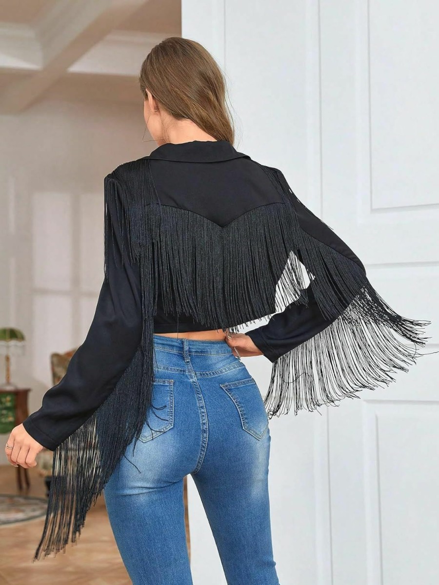 Wholesale WDIRARA Wdirara Women'S Solid Fringe Trim Long Sleeve Collar Open Front Crop Blazer Party Jacket