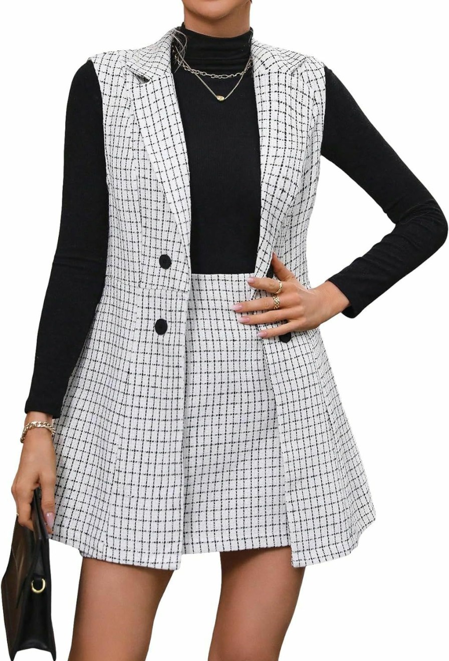 Wholesale Floerns Floerns Women'S 2 Piece Outfit Workwear Plaid Print Lapel Neck Vest Blazer And Skirt Set