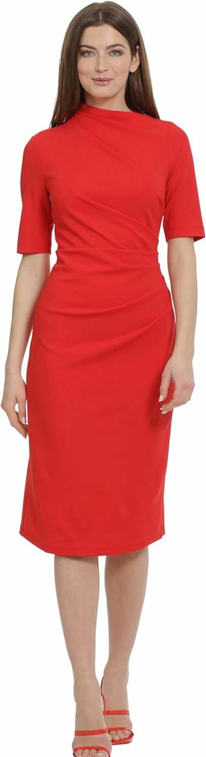 New Maggy London Maggy London Women'S Side Pleat Dress With Asymmetric Neck And Elbow Sleeves