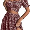 Best LYANER Lyaner Women'S 2 Piece Outfits Floral Off Shoulder Tie Up Crop Top And Mini Skirt Set