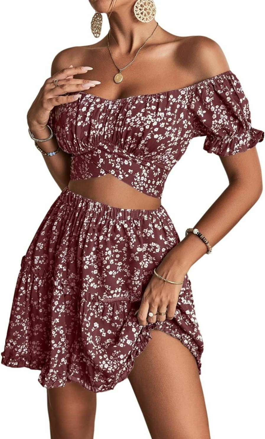 Best LYANER Lyaner Women'S 2 Piece Outfits Floral Off Shoulder Tie Up Crop Top And Mini Skirt Set