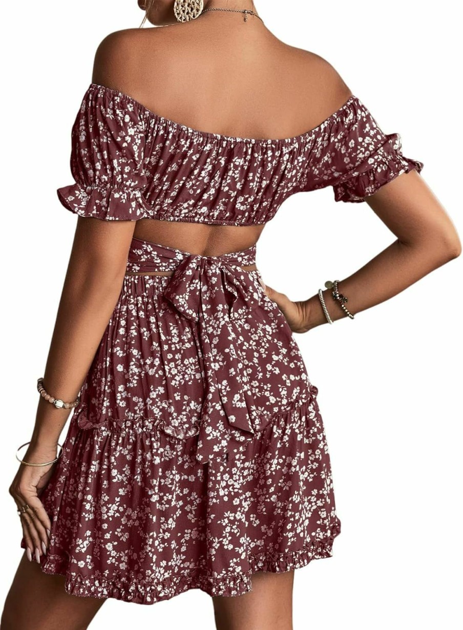 Best LYANER Lyaner Women'S 2 Piece Outfits Floral Off Shoulder Tie Up Crop Top And Mini Skirt Set