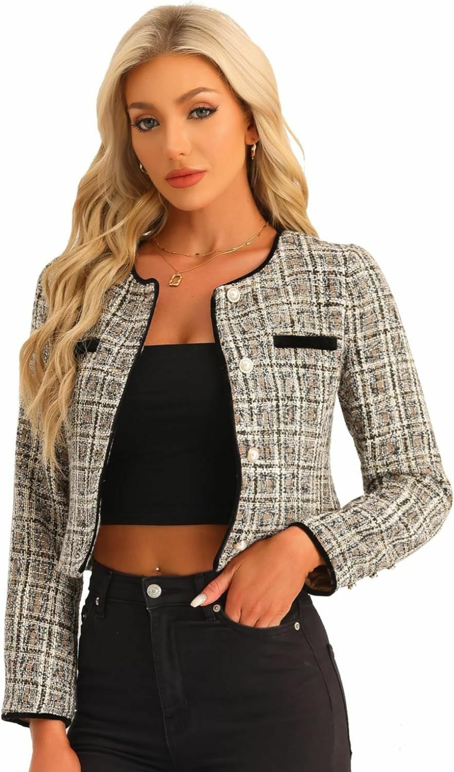 Best Allegra K Allegra K Tweed Jacket For Women'S Long Sleeve Casual Work Office Plaid Short Outwear