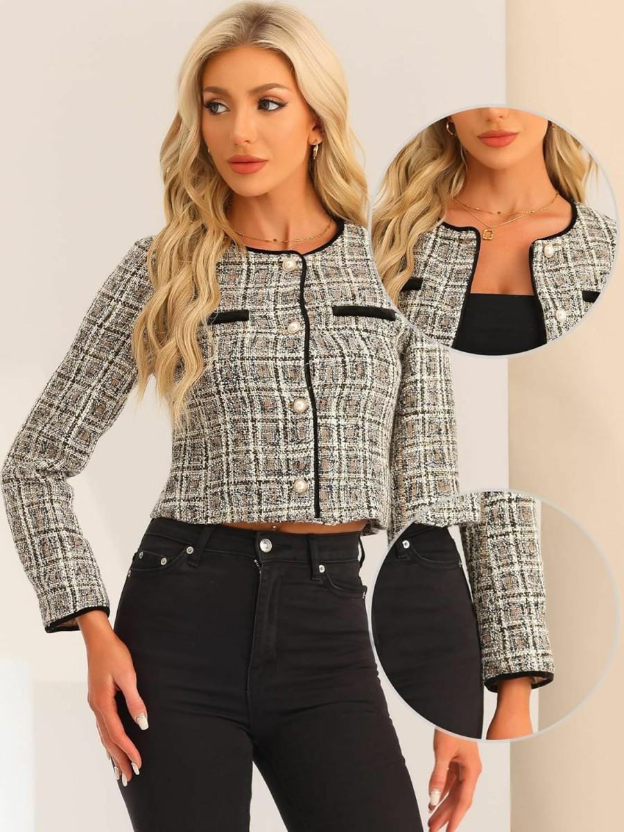 Best Allegra K Allegra K Tweed Jacket For Women'S Long Sleeve Casual Work Office Plaid Short Outwear