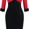 New MUXXN Muxxn Women'S Vintage 3/4 Sleeve V Neck Midi Colorblock Business Formal Work Bodycon Pencil Dresses