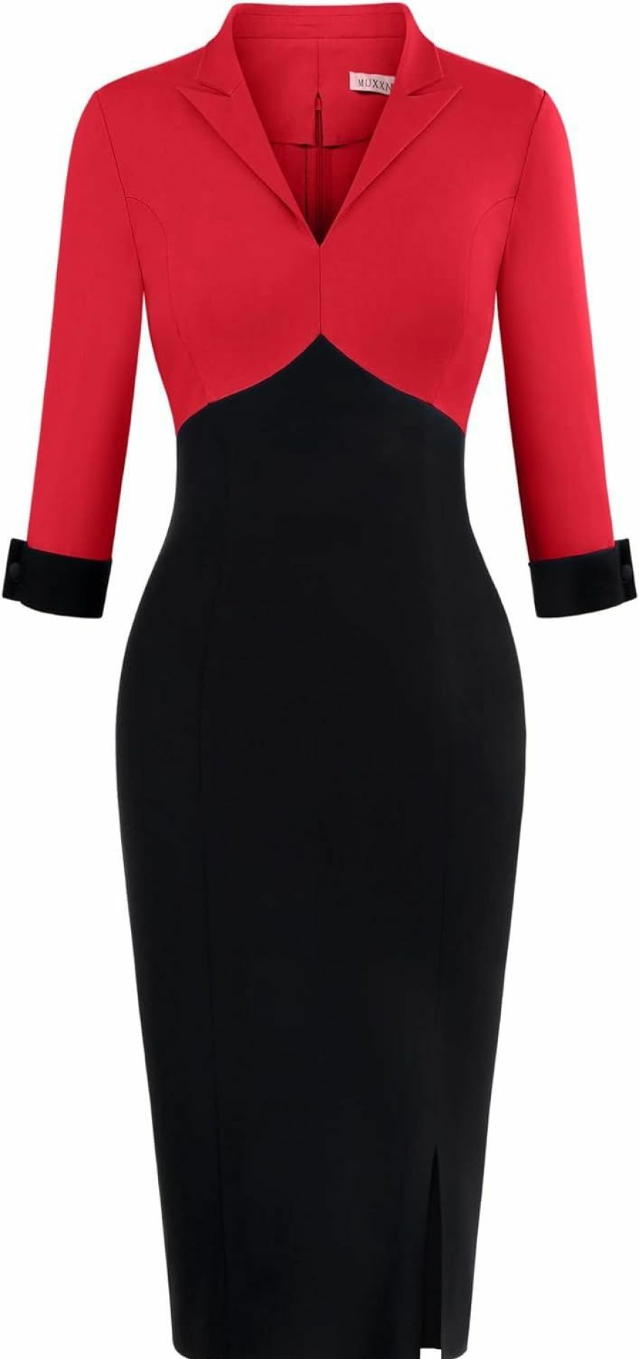 New MUXXN Muxxn Women'S Vintage 3/4 Sleeve V Neck Midi Colorblock Business Formal Work Bodycon Pencil Dresses