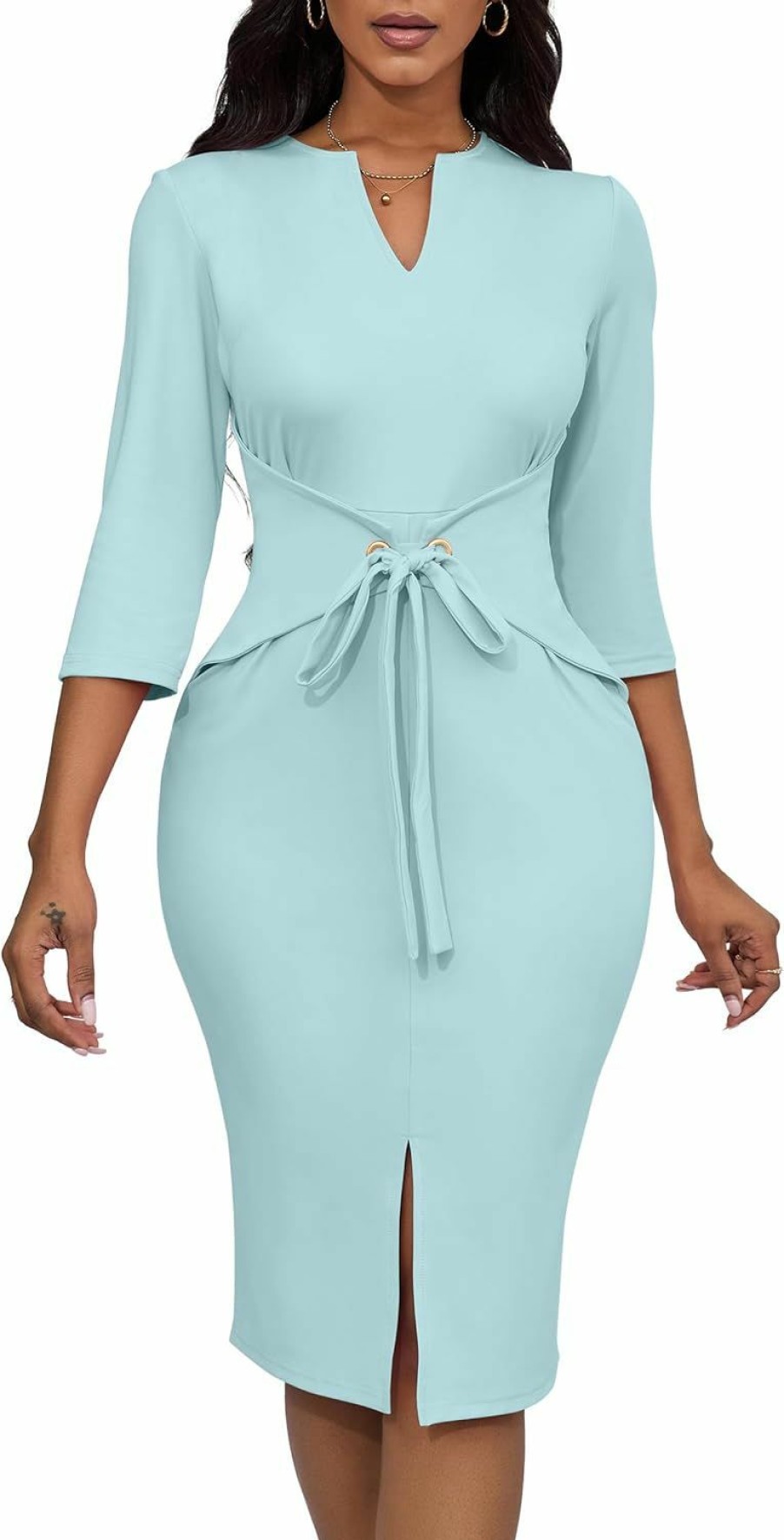 Online FANDEE Fandee Women'S Vintage Dresses 3/4 Sleeve V-Neck Bodycon Pencil Midi Work Church Dress With Belt