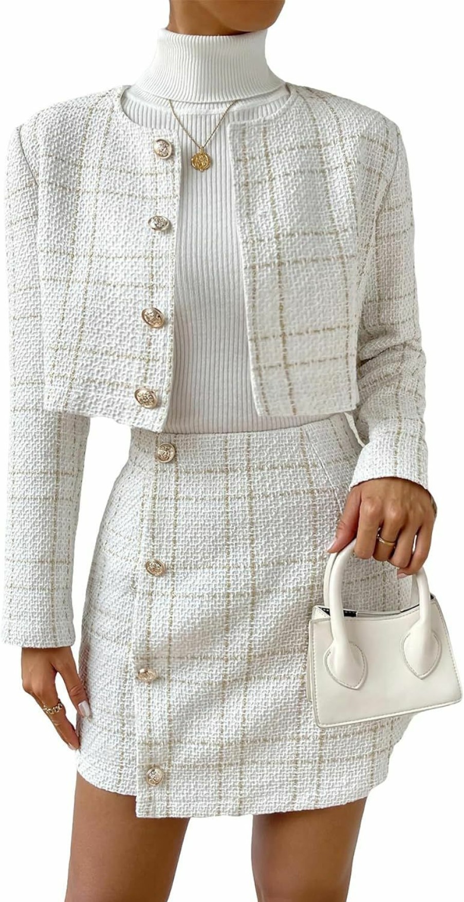 Best Verdusa Verdusa Women'S 2 Piece Outfie Long Sleeve Plaid Print Crop Tweed Jacket And Button Front Skirt Set