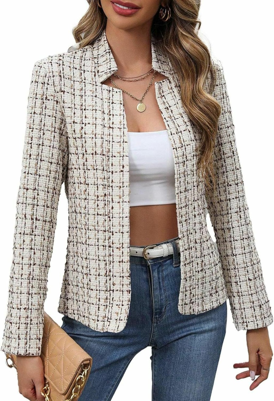 Hot Mina Self Womens Plaid Blazer 2024 Spring Fashion Long Sleeve Notched Lapel Open Front Lightweight Casual Office Jackets