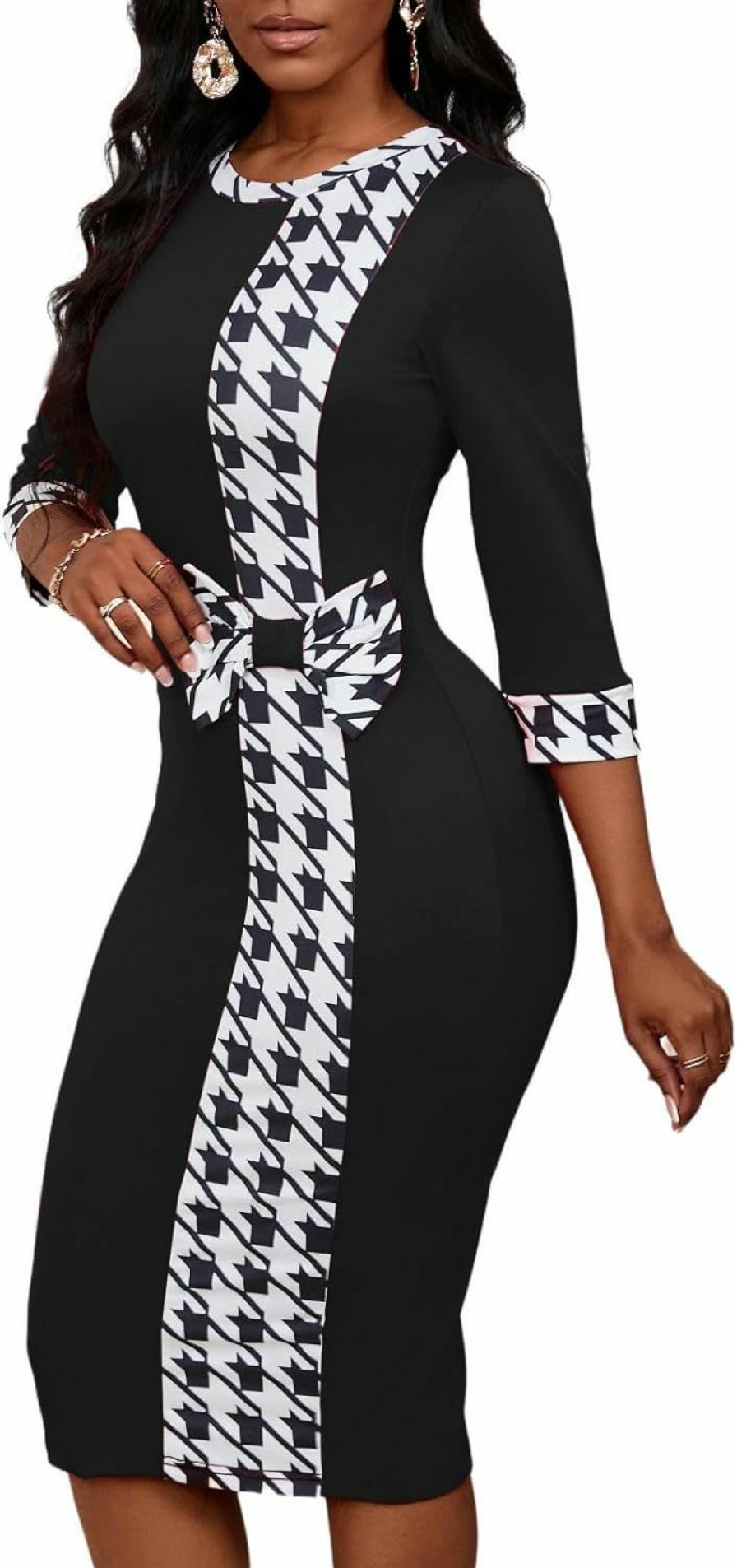 Wholesale PerZeal Women'S 3/4 Sleeve Round Neck Casual Houndstooth Bodycon Wear To Work Pencil Sheath Midi Dresses