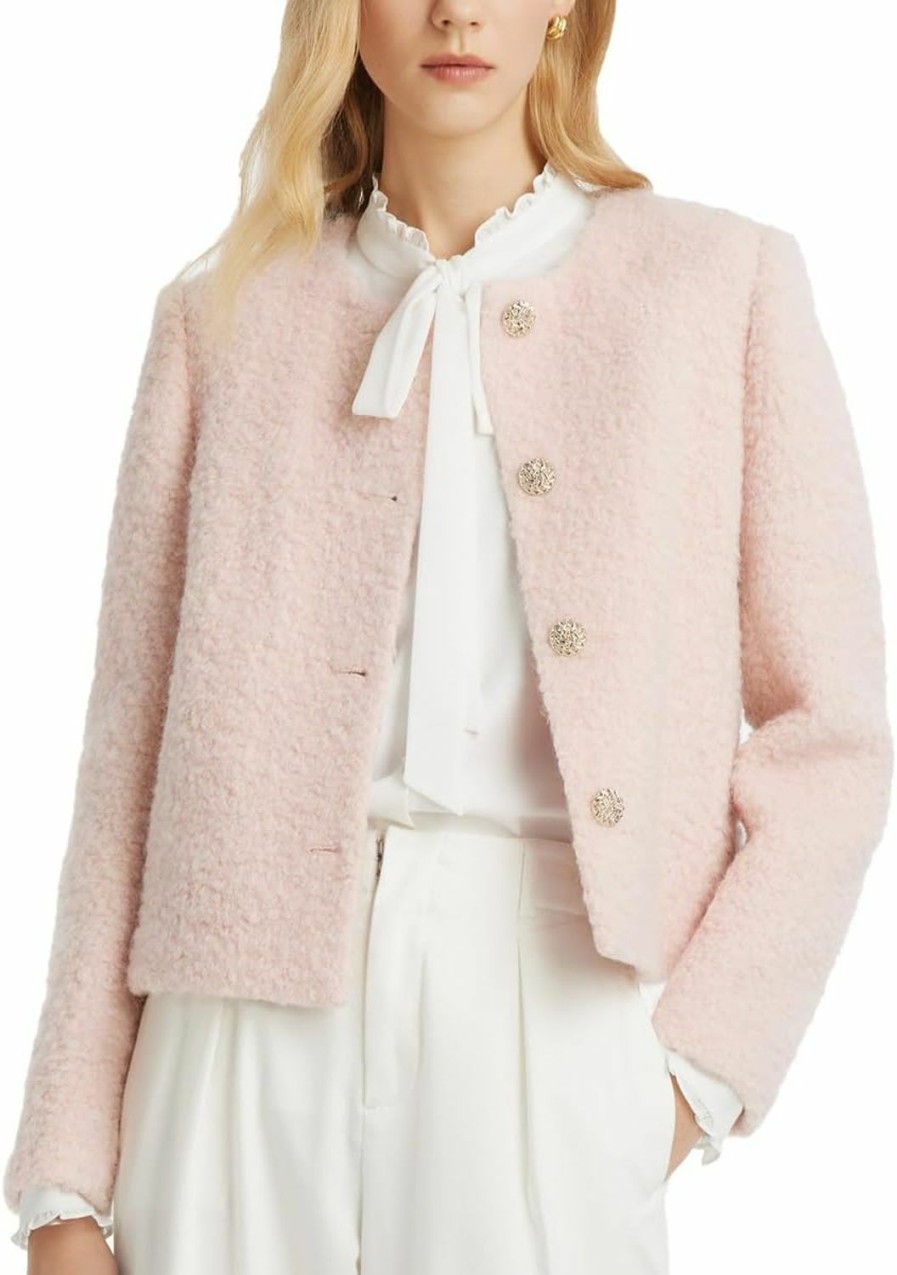 Best GOELIA Tweed Blazer Jackets For Women Pink Crew Neck Single-Breasted Button Up Open Front Cropped Jacket