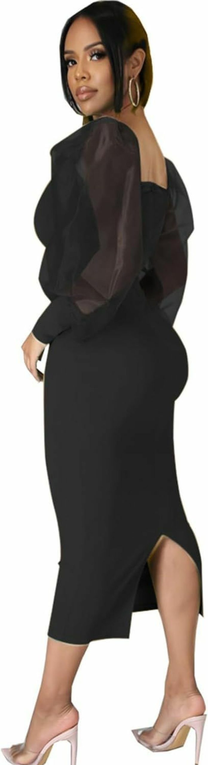 Online Ekaliy Ekaliy Women'S Plus Size Bodycon Dress Elegant Lantern Long Sleeve Mesh Solid Sexy Evening Party Maxi Long Dress