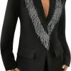 New WDIRARA Wdirara Women'S Contrast Sequin Fringe Trim Single Button Blazer Shawl Collar Long Sleeve Party Outerwear With Shoulder Pads