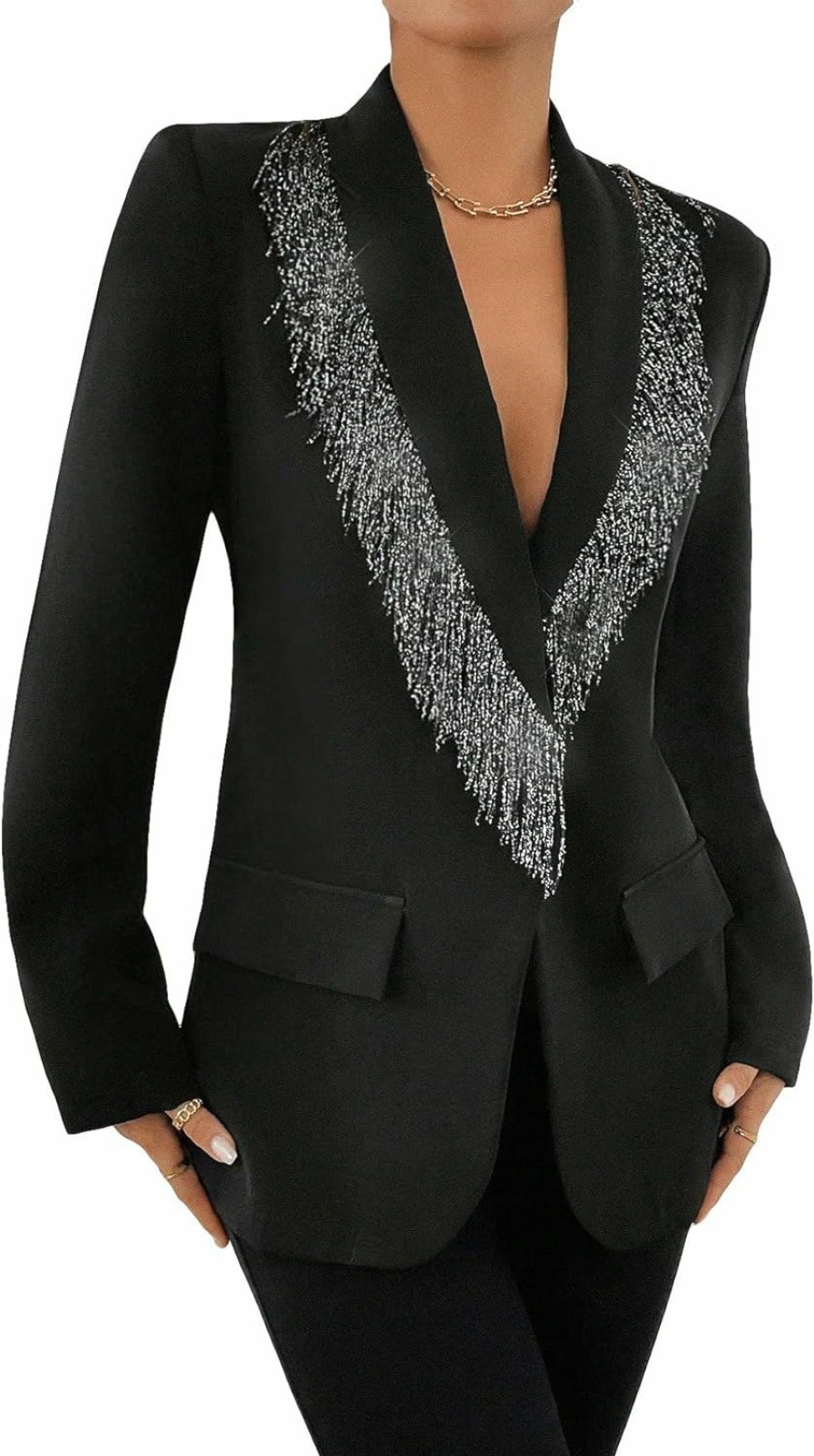 New WDIRARA Wdirara Women'S Contrast Sequin Fringe Trim Single Button Blazer Shawl Collar Long Sleeve Party Outerwear With Shoulder Pads