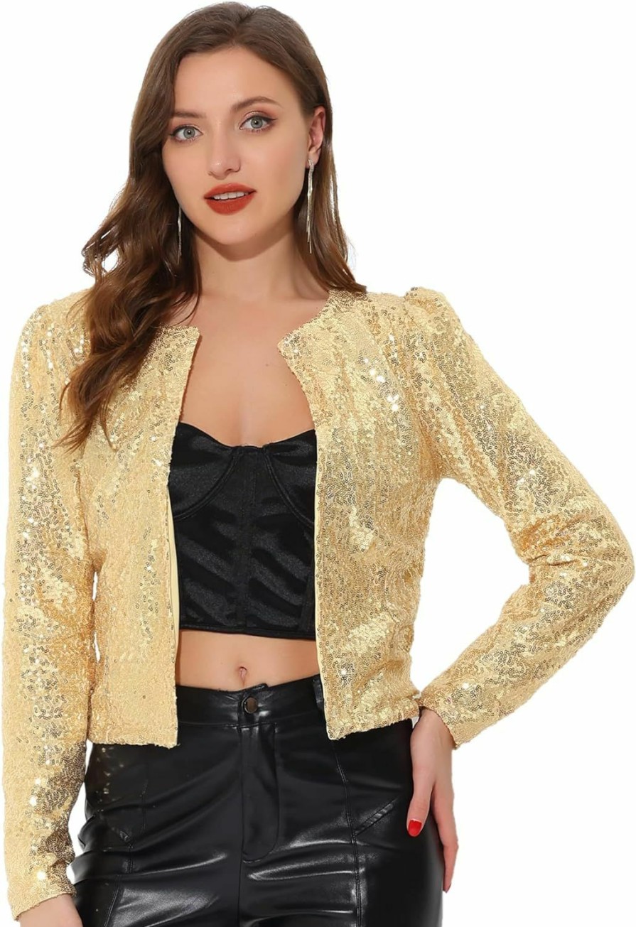 Clearance Allegra K Allegra K Women'S Crop Open Front Blazer Long Sleeve Sparkly Sequin Jacket