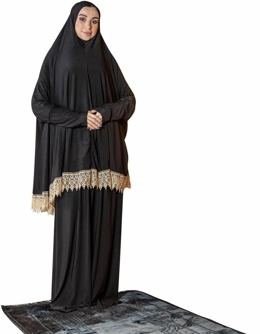 Wholesale Generic Women'S Prayer Dress 2 Pieces Lycra Solid Color Plus Long Sleeve | One-Size | Hijab Abaya Suit (Black)