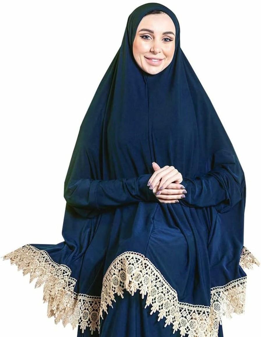 New Generic Women'S Prayer Dress 2 Pieces Lycra Solid Color Plus Long Sleeve | One-Size | Hijab Abaya Suit (Navy)