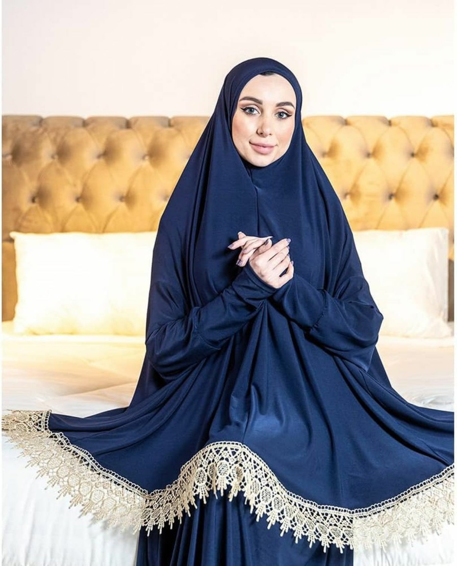 New Generic Women'S Prayer Dress 2 Pieces Lycra Solid Color Plus Long Sleeve | One-Size | Hijab Abaya Suit (Navy)