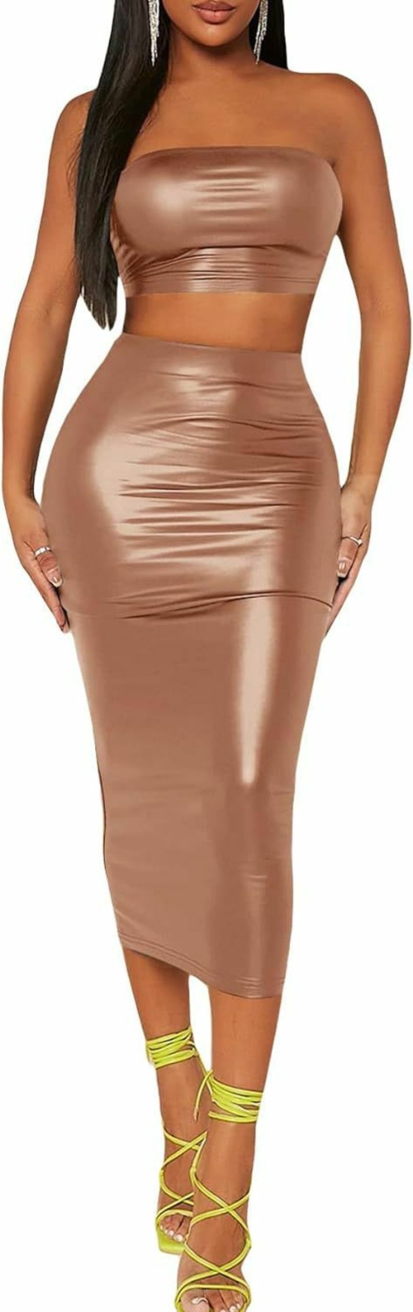 Best Verdusa Verdusa Women'S 2 Piece Outfit Pu Leather Crop Tube Top And Long Bodycon Skirt Sets