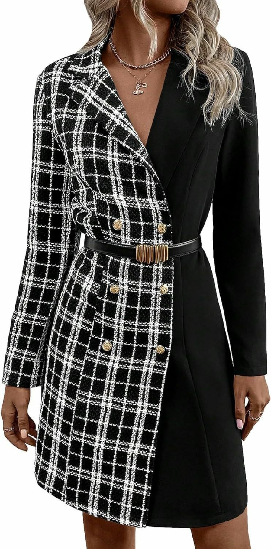 Hot WDIRARA Wdirara Women'S Plaid Colorblock Button Front Long Sleeve Knee Length Tweed Blazer Dress