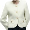 New URBAN REVIVO Women'S Cropped Crew Neck Casual Tweed Blazer Elegant Slim Work Office Long Sleeve Jacket With Fake Pockets