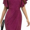 Best Meetjen Meetjen Women'S V Neck Ruched Cocktail Party Dress 2024 Elegant Bodycon Ruffle Sleeve Glitter Sheath Dresses