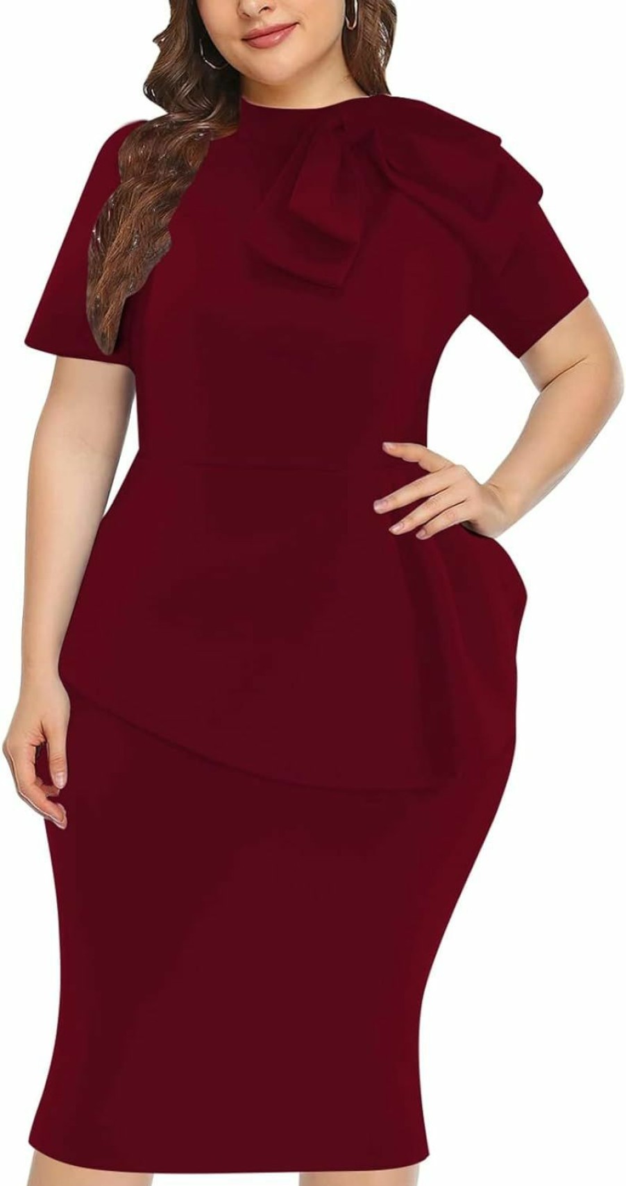 Best WanMem Plus Size Dress For Curvy Women Semi Formal Cocktail Party Midi Dress Bodycon Short Sleeve Bow Ruffle Pencil Dresses