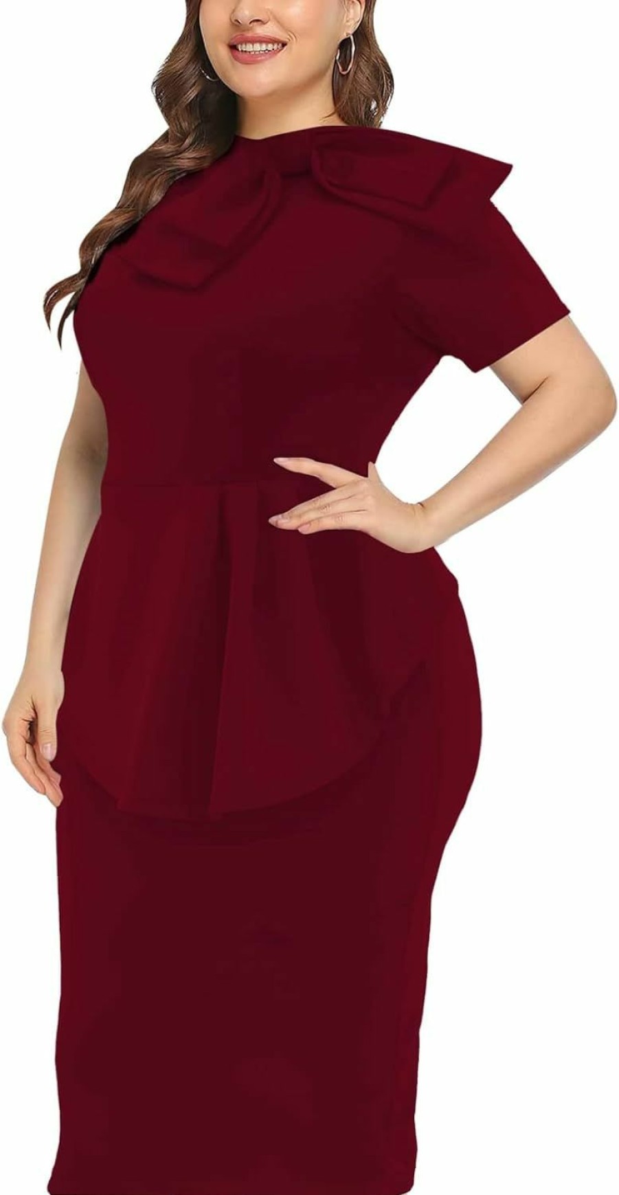 Best WanMem Plus Size Dress For Curvy Women Semi Formal Cocktail Party Midi Dress Bodycon Short Sleeve Bow Ruffle Pencil Dresses