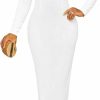 Clearance HugeNice Hugenice Bodycon Dresses For Women Ruched Drape V Neck Long Sleeve Midi Dress White Elegant Church Business Work Pencil Dress