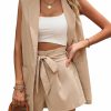 Best MakeMeChic Makemechic Women'S 2 Piece Outfits Sleeveless Pocket Blazer Vest Coat Belted Paperbag Shorts Set