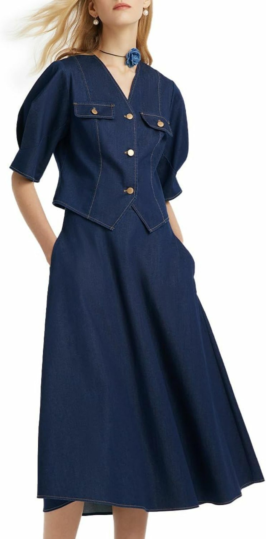 Wholesale GOELIA 2 Piece Denim Outfits Skirt Sets For Women Casual V-Neck 3/4 Sleeve Tops And Midi A Line Skirts Sets Spring Suits