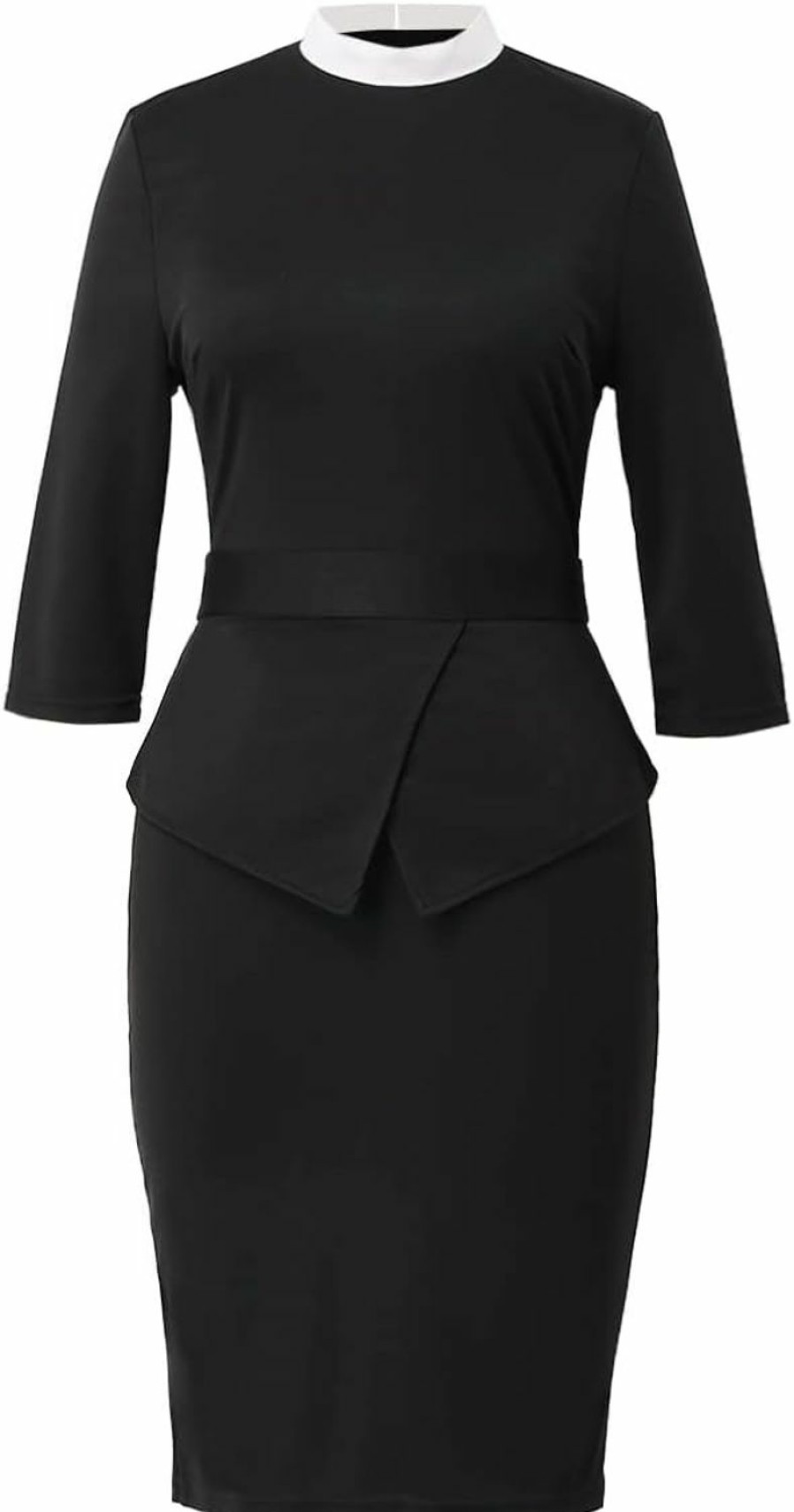 New BLESSUME Blessume Church Women Clergy Mass Band Collar Dress Black Peplum Bodycon Dress