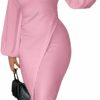 Wholesale Umenlele Umenlele Women'S Crewneck Lantern Long Sleeve Wrap Asymmetrical Hem Work Pencil Midi Dress