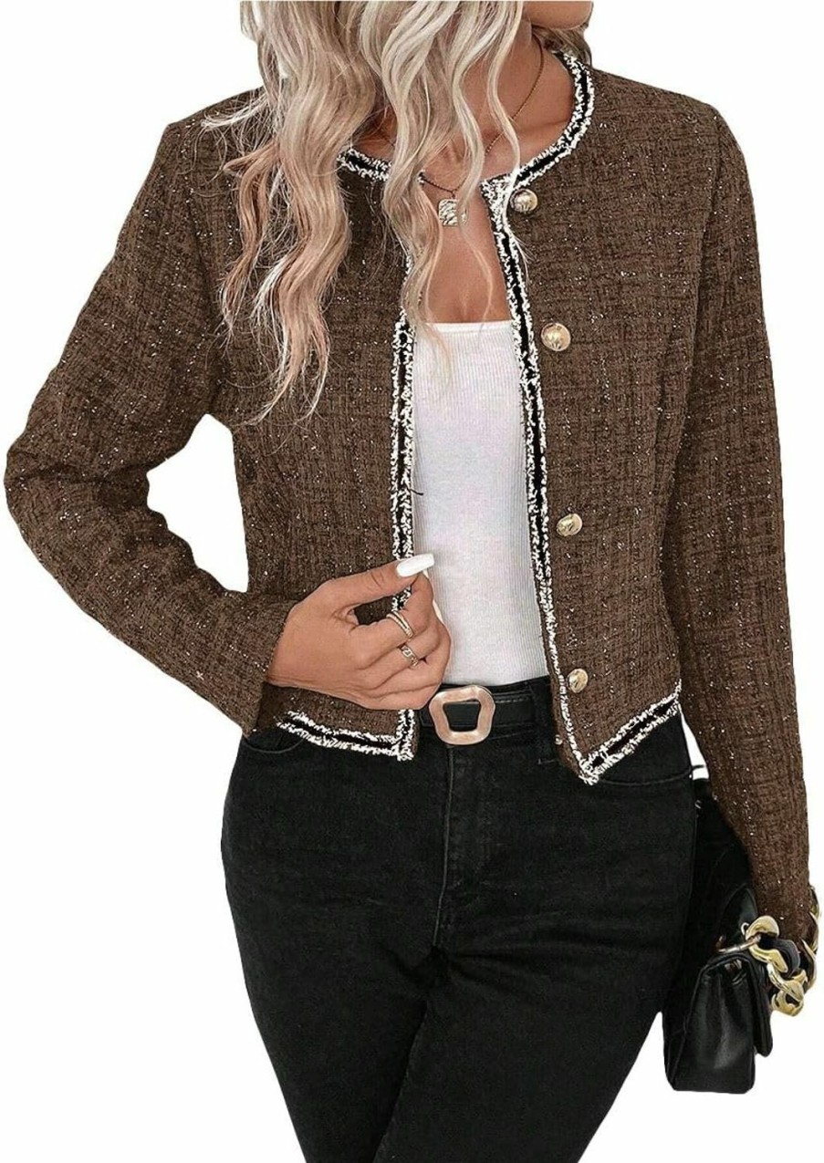 Online Mina self Womens Sequin Cropped Tweed Blazer Open Front Collarless Long Sleeve Work Office Jackets