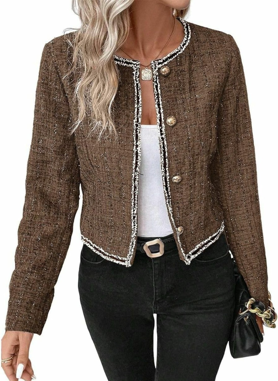 Online Mina self Womens Sequin Cropped Tweed Blazer Open Front Collarless Long Sleeve Work Office Jackets